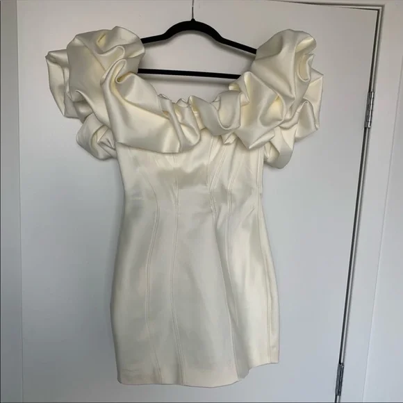 House of CB Selena Ivory Satin Ruffle Strapless Dress